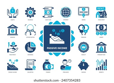 Passive Income icon set. Finance, Cash Flow, House Rent, Pension Fund, Dividends, Assets, Investment, Securities. Duotone color solid icons