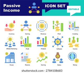 Passive Income icon set. Vector icons for Passive Income, Currency, Earning, Revenue, Investing, Affiliate Marketing, House, Bank, Currency