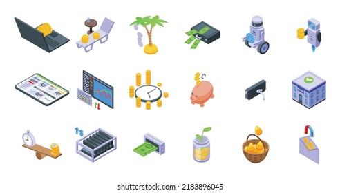 Passive income icons set isometric vector. Money fund. Invest budget