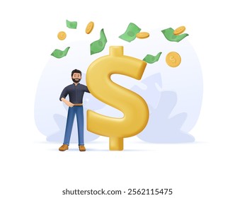 Passive income illustration in 3D style. Character enjoying financial freedom and independence. Successfully and free of debts people planning budget. Vector illustration