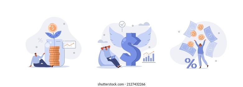 Passive income illustration set. Characters enjoying financial freedom and independence. Successfully and free of debts people planning budget. Vector illustration.
