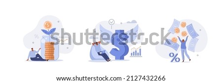Passive income illustration set. Characters enjoying financial freedom and independence. Successfully and free of debts people planning budget. Vector illustration.
