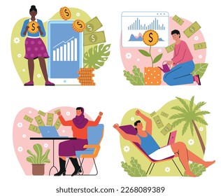 Passive income illustration set. Successful men and women with financial independence and freedom. Investing, saving money and freelancing. Cartoon flat vector collection isolated on white background