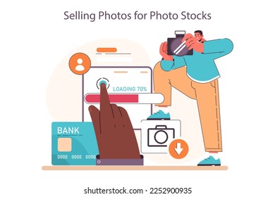 Passive income in the internet. Character making money by selling photos for stocks. Easy way to receive profit from remote source. Flat vector illustration
