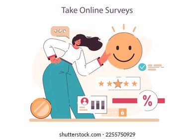 Passive income in the internet. Character making money by taking online surveys. Easy way to receive profit from remote source. Flat vector illustration