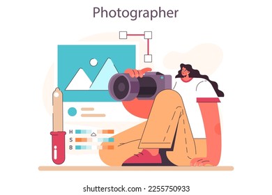 Passive income in the internet. Character making money on photography. Easy way to receive profit from remote source. Flat vector illustration