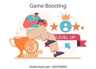 Passive income in the internet. Character making money on game boosting. Easy way to receive profit from remote source. Flat vector illustration