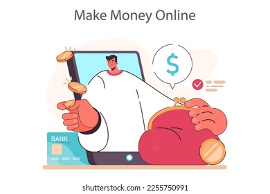 Passive income in the internet. Character making money on online services and technologies. Easy way to receive profit from remote source. Flat vector illustration