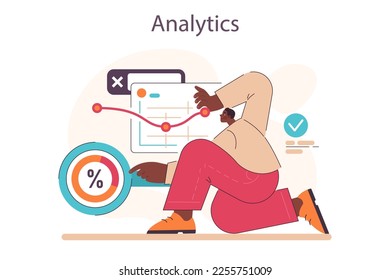 Passive income in the internet. Character making money on analytics. Big data research and financial operation optimization. Easy way to receive profit from remote source. Flat vector illustration