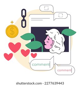 Passive income in the internet. Character making money by writing comments and likes. Customer feedback for business promotion. Easy way to receive profit from remote source. Flat vector illustration