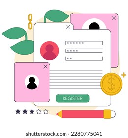 Passive income in the internet. Character making money on forum registration. Easy way to receive profit from remote source. Flat vector illustration