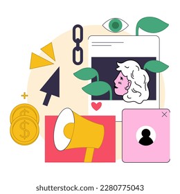 Ingresos pasivos en internet. Personajes ganando dinero en publicidad en medios sociales y navegador. Una forma fácil de obtener beneficios de una fuente remota. Ilustración vectorial plana