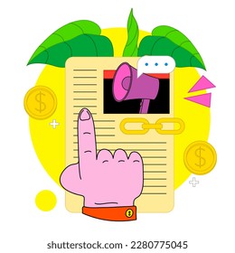 Ingresos pasivos en internet. Caracteres ganando dinero en publicidad contextual en medios sociales y navegador. Una forma fácil de obtener beneficios de una fuente remota. Ilustración vectorial plana