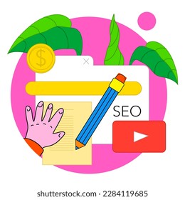 Passive income in the internet. Character making money on SEO. Search engine optimization for business promotion. Web page online advertising. Profit from remote source. Flat vector illustration