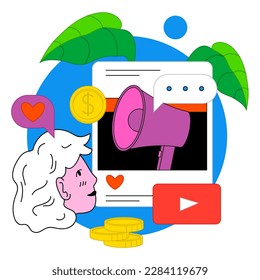 Passive income in the internet. Making money on social media advertising. Digital campaign for customers attraction. Easy way to receive profit from remote source. Flat vector illustration