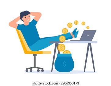 Ingresos pasivos, salario de internet, dinero en la computadora. El hombre trabaja y se relaja en la silla mientras las monedas salen de la computadora. Dinero fácil de ganar. Ilustración del vector