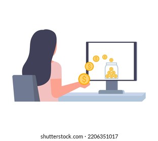 Passive income, internet salary, getting money on computer. Woman work and and coins fly out of computer. Easy earning money. Vector illustration