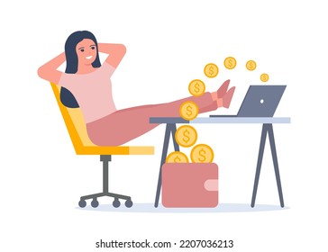 Passive income, internet salary, getting money on computer in wallet. Woman work and relax in chair while coins fly out of computer. Easy earning money. Vector illustration