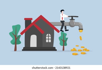 Passive income from investing in estate or property for rent, earning money from house rent concept, Businessman enjoy with dollar coins coming out of house money pipe.