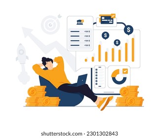 Passive income investment, Remote job, freelance work, woman relaxing in front of computer while money raining down. Financial freedom, easy money and investor concept illustration