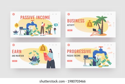 Passive Income Landing Page Template Set. Tiny Characters around Huge Tap with Money Flow. Stock Market Investing, Online Monetization, Remote Job, Freelance Work. Cartoon People Vector Illustration