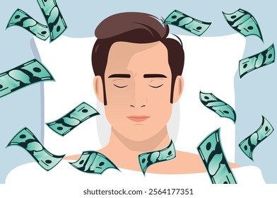 Passive income and make money while you sleep concept illustration with man person relaxing in bed while dollar bills is raining down. Salary, investment and easy money concept in flat design vector