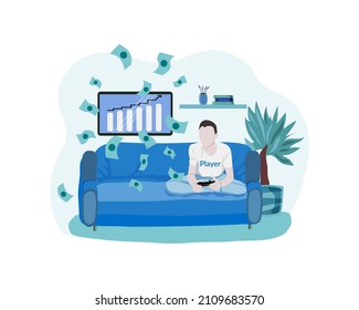 Passive income - making money while playing video games, man playing, sitting on couch, rain of money, computer screen shows earnings, dream, wealth, rich, freedom, enjoy life, vector illustration