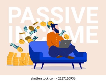 Passive income - Man making money from home sitting in sofa with laptop. Vector illustration