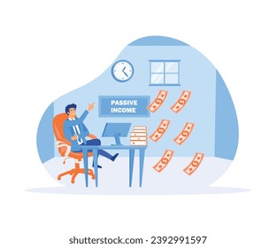 Passive income. A man relaxes in front of a computer to earn money. flat vector modern illustration