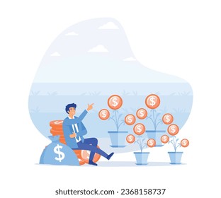 Passive income,  a man relaxes waiting for the money to enter his dollar bag. flat vector modern illustration