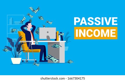 Passive income. Man relaxing in front of computer while money raining down. Financial freedom, easy money and investor concept. Vector illustration.