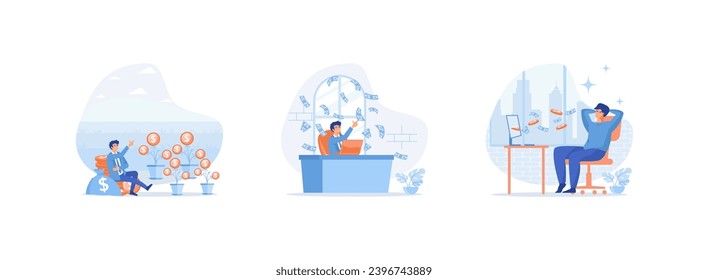 Passive income, Man relaxing in front of computer with money raining down, Easy money. Passive income set flat vector modern illustration