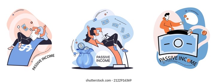 Passive income metaphor, interest on deposits, dividends, investing, online monetization. Profit, money from investments. Remote job and freelancing. Idea of financial growth and business development