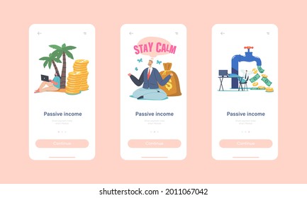 Passive Income Mobile App Page Onboard Screen Template. Tiny Characters around Huge Tap with Money Flow. Stock Market Investing, Online Monetization Concept. Cartoon People Vector Illustration