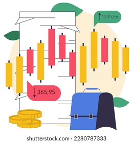 Passive income. People investing money in stocks with the prospect of profit. Character using modern investment vehicle to gain benifits. Flat vector illustration