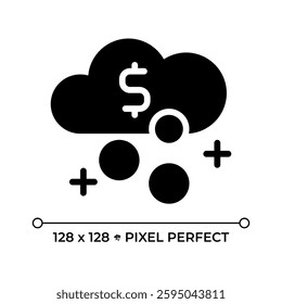 Passive income pixel perfect black glyph icon. Money rain. Financial freedom, stability. Business profit, economics. Silhouette symbol on white space. Solid pictogram. Vector isolated illustration