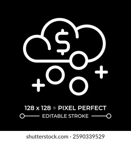 Passive income pixel perfect white linear icon for dark theme. Money rain. Financial freedom. Business profit, economics. Thin line illustration. Isolated symbol for night mode. Editable stroke