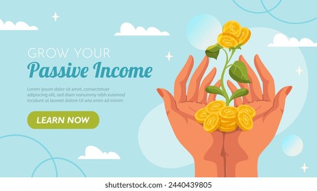 Passive income poster. Hand with golden coins and flowers. Financial literacy and online earnings. Investing and trading, economy. Landing webpage design. Cartoon flat vector illustration