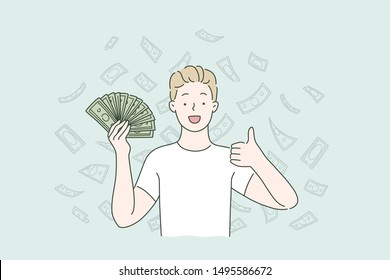 Passive income, profit, cashback concept. Guy or man holding dollars very happy and excited, winner expression celebrating victory screaming with smile and shows the gesture Like. Simple flat vector.