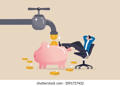 Passive income to reach financial freedom, earning money while you sleep or wealth increase without salary concept, relax businessman sit on the chair to see money faucet flow into savings piggybank.