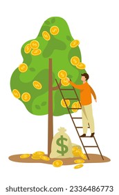passive income: rich man collecting golden coins from the tree
