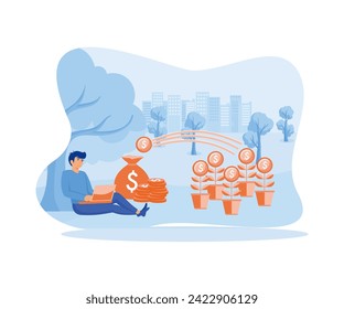 Passive income, salary and profit concept, a relaxed man waiting for money to enter his dollar pocket. flat vector modern illustration 
