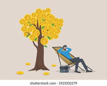 Passive income, salary and profits concept, a man relaxes waiting for the money.