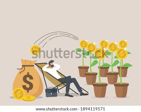 Passive income, salary and profits concept, a man relaxes waiting for the money to enter his dollar bag.