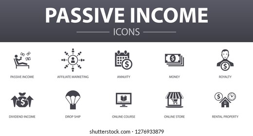 passive income simple concept icons set. Contains such icons as affiliate marketing, dividend income, online store, rental property and more, can be used for web, logo, UI/UX