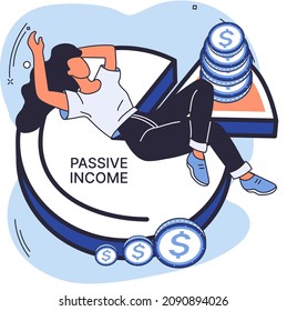 Passive income and stock market monetization. Woman getting profit, money from investments. Remote job and freelancing concept. Idea of financial growth and development. Lady rests and earns cash