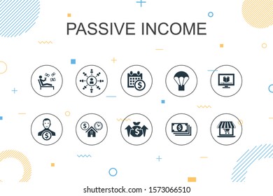 passive income trendy Infographic template. Thin line design with affiliate marketing, dividend income, online store, rental property icons