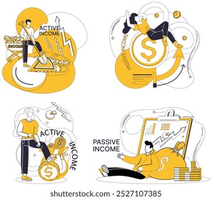 Passive income vector illustration. Growth is silent gardener tending to flowers passive income in economic landscape Economy, silent conductor, orchestrates harmony financial success through passive