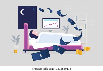 Passive income while sleeping. Woman in bedroom, lying in bed, smiling while money falling from the sky. Computer screen shows rising profit graph. Financial freedom, salary concept.