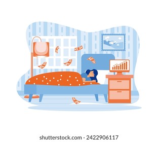 Passive income woman making money while sleeping at home, working from home, fixed income and finance concept. flat vector modern illustration 